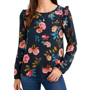 LOFT Petites XSP Blouse Top Black Floral Ruffle Sleeve Lightweight Feminine